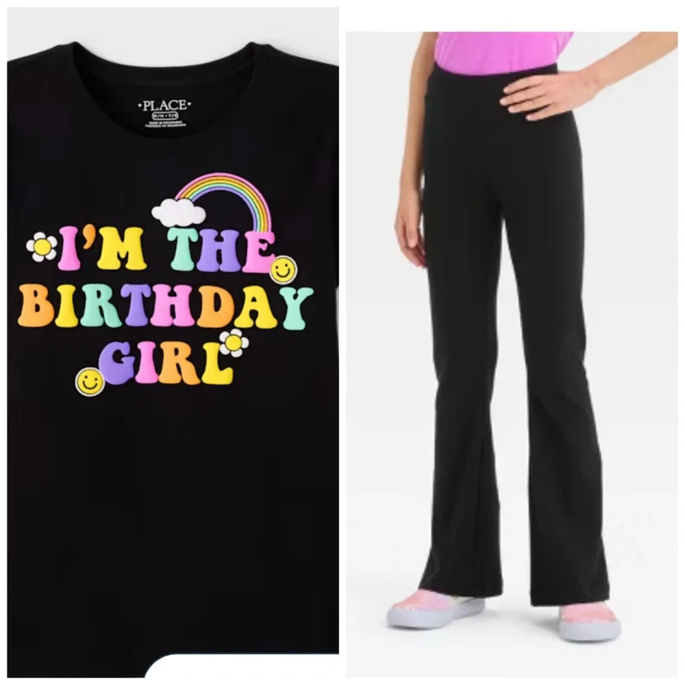 The Children's Place Black Birthday Girl and Cat & Jack flare leggings size 7